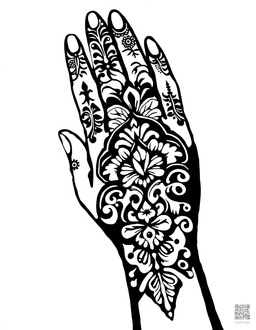 Free mehndi bridal hand design coloring page in woodcut style — printable line art