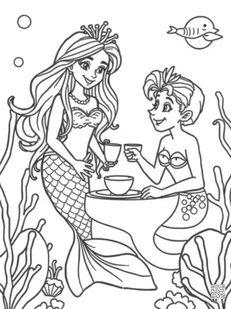 Free mermaid and merman at an underwater tea party coloring page in contour style — printable line art