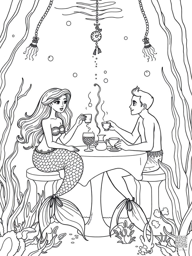 Free mermaid and merman at an underwater tea party coloring page in crosshatch style — printable line art