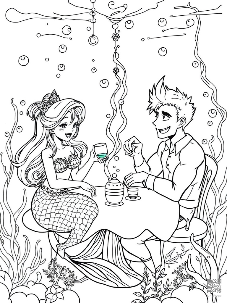 Free mermaid and merman at an underwater tea party coloring page in manga style — printable line art