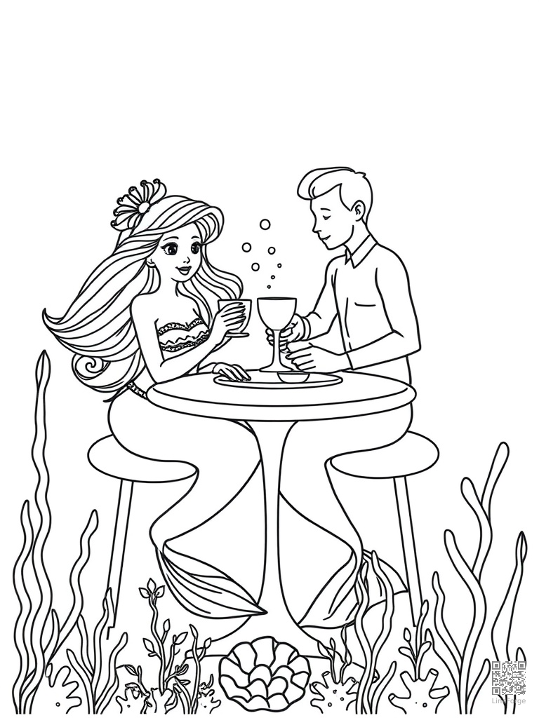 Free mermaid and merman at an underwater tea party coloring page in minimal style — printable line art