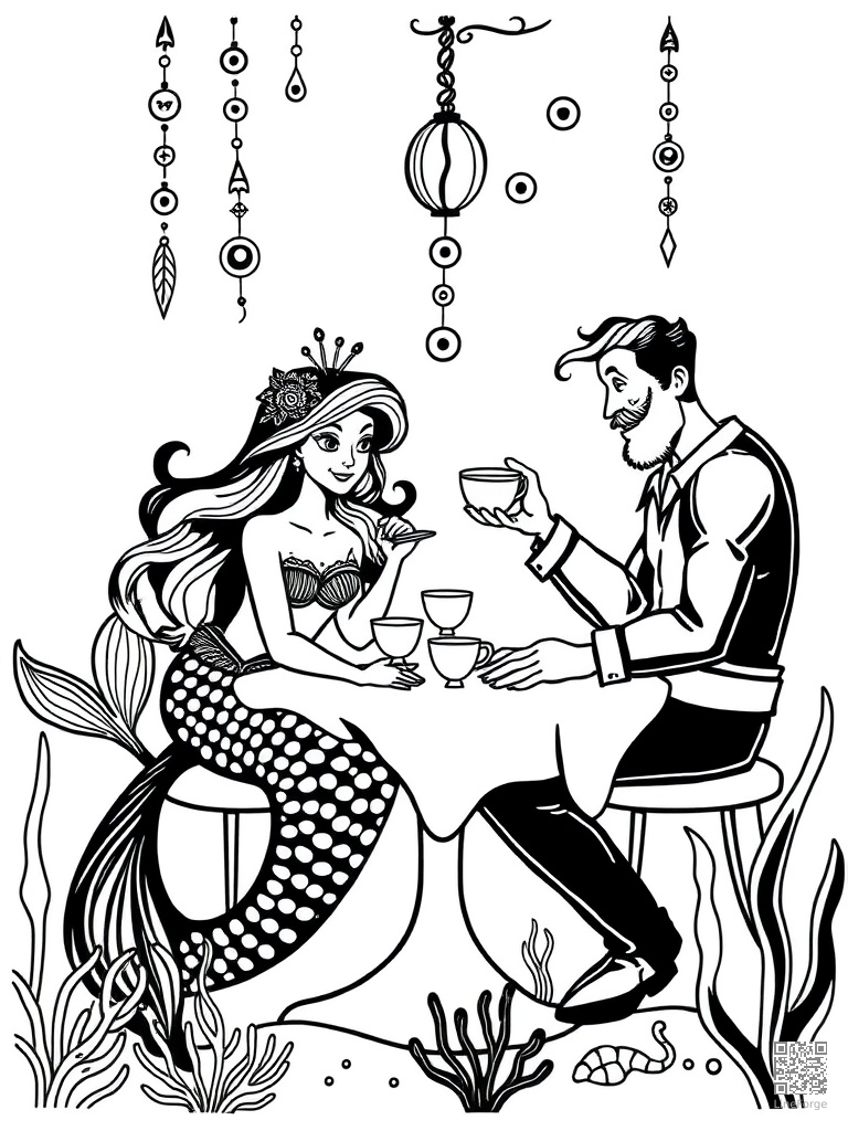 Mermaid and merman at an underwater tea party coloring page Woodcut style - free printable