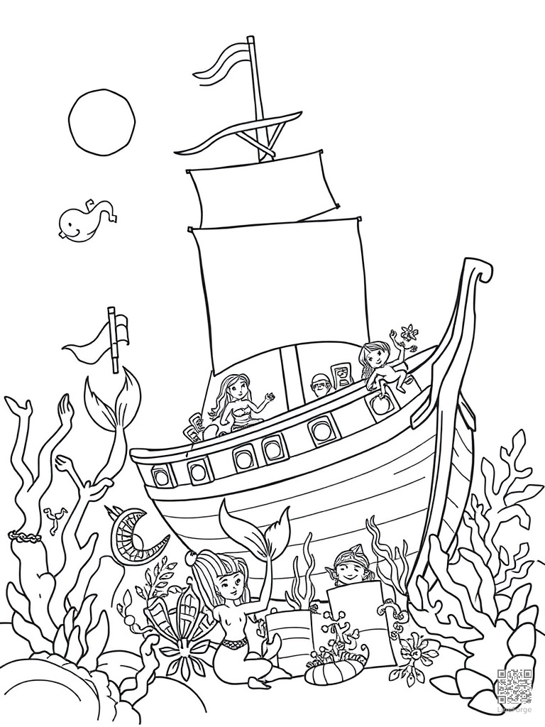 Mermaid friends exploring a sunken pirate ship coloring page Contour style - free printable