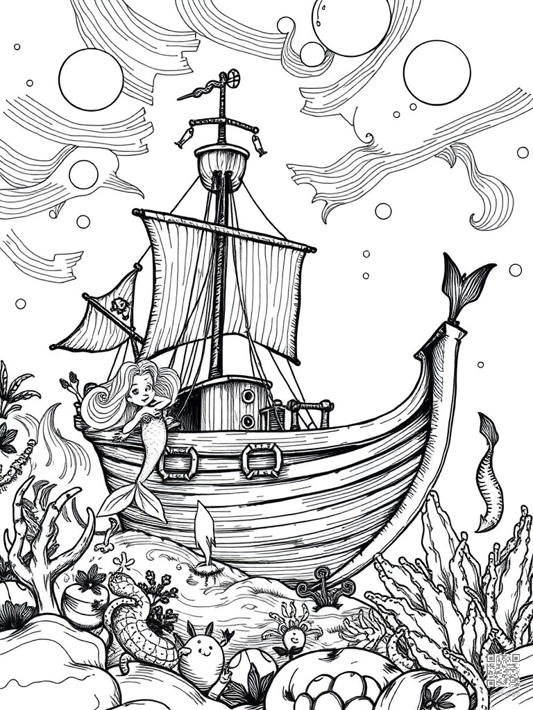 Mermaid friends exploring a sunken pirate ship coloring page Crosshatch style - free printable