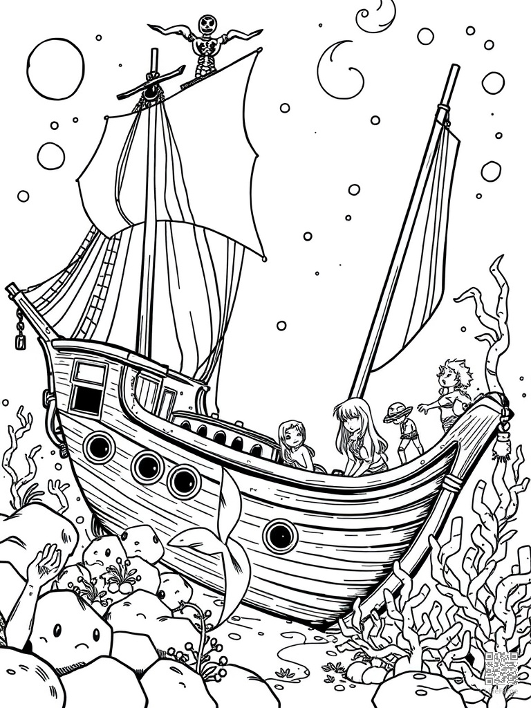 Mermaid friends exploring a sunken pirate ship coloring page Manga style - free printable