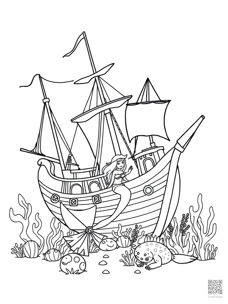 Mermaid friends exploring a sunken pirate ship coloring page Minimal style - free printable