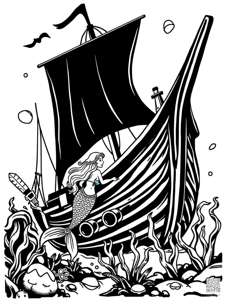 Mermaid friends exploring a sunken pirate ship coloring page Woodcut style - free printable