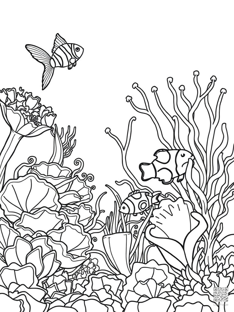 Mermaid garden with sea anemones and clownfish coloring page Contour style - free printable