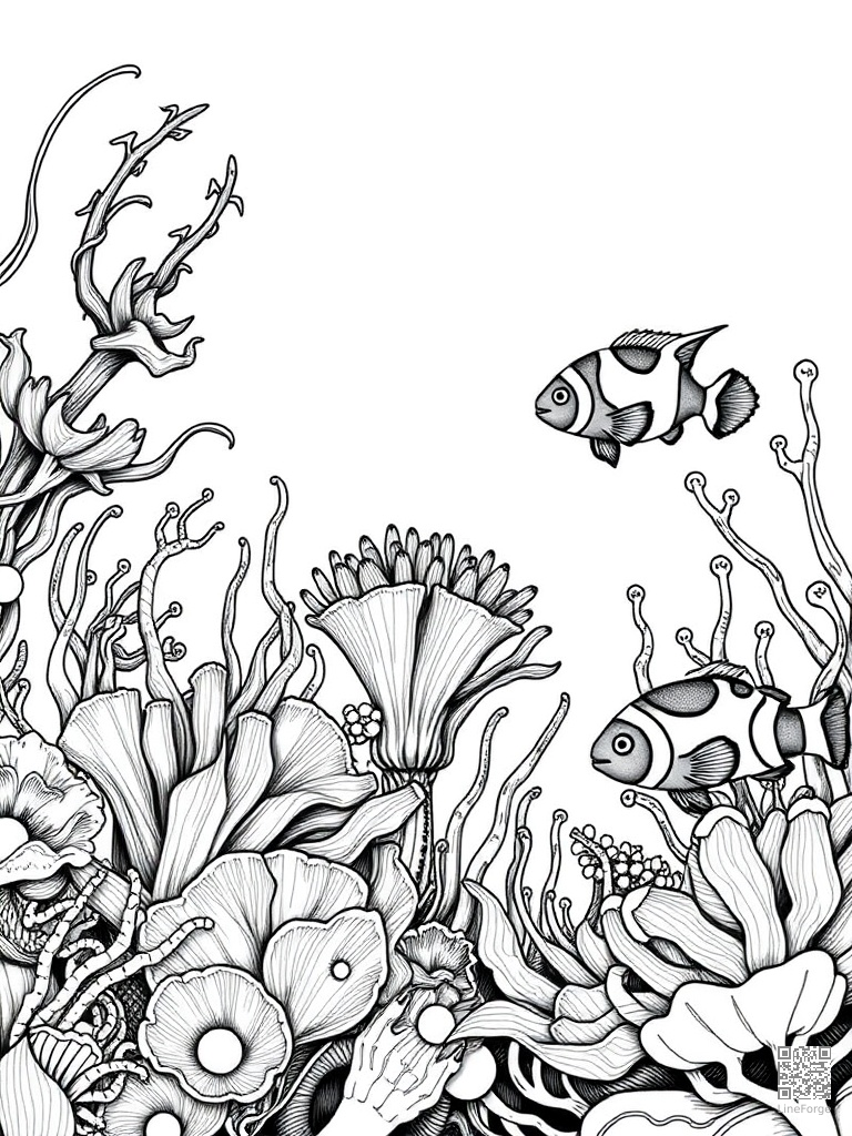 Mermaid garden with sea anemones and clownfish coloring page Crosshatch style - free printable