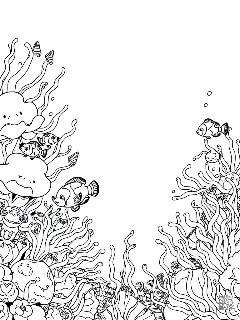 Mermaid garden with sea anemones and clownfish coloring page Manga style - free printable