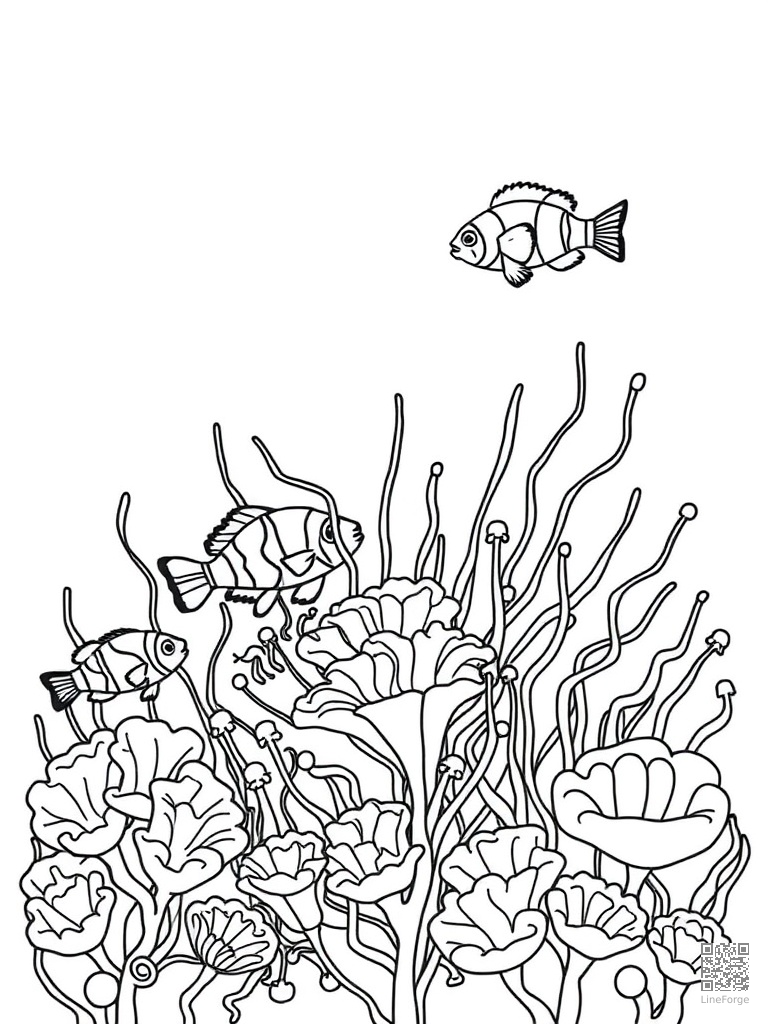 Mermaid garden with sea anemones and clownfish coloring page Minimal style - free printable