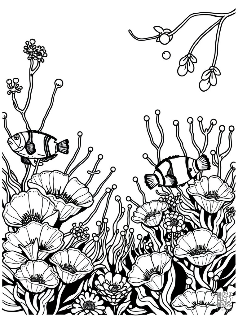 Mermaid garden with sea anemones and clownfish coloring page Woodcut style - free printable