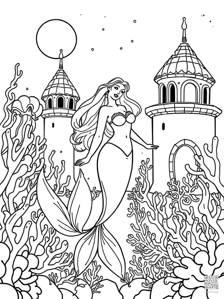 Mermaid in a coral reef palace with shell towers coloring page Contour style - free printable