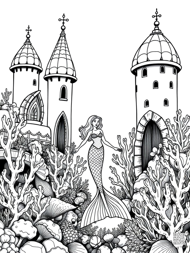 Mermaid in a coral reef palace with shell towers coloring page Crosshatch style - free printable