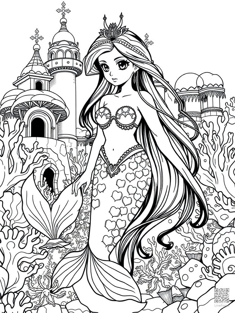 Mermaid in a coral reef palace with shell towers coloring page Manga style - free printable