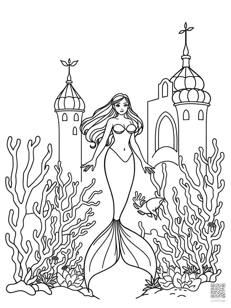 Mermaid in a coral reef palace with shell towers coloring page Minimal style - free printable