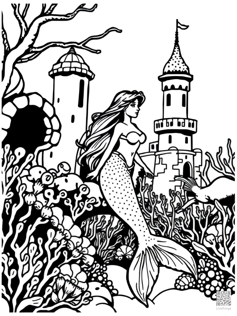 Mermaid in a coral reef palace with shell towers coloring page Woodcut style - free printable
