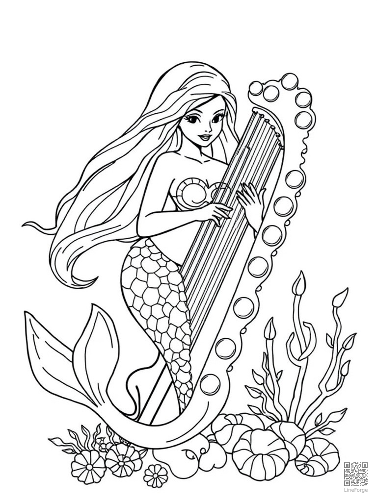 Mermaid playing a harp made of seashells coloring page Contour style - free printable