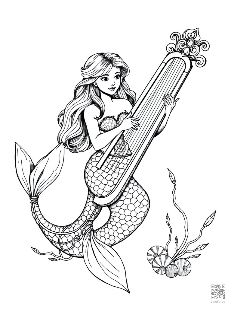 Mermaid playing a harp made of seashells coloring page Crosshatch style - free printable