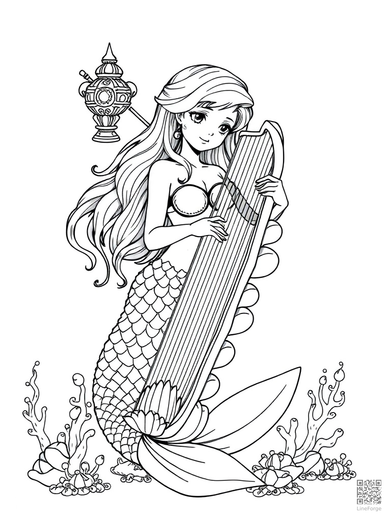 Mermaid playing a harp made of seashells coloring page Manga style - free printable