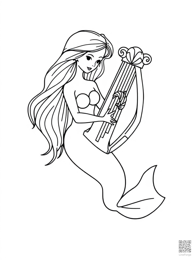 Mermaid playing a harp made of seashells coloring page Minimal style - free printable