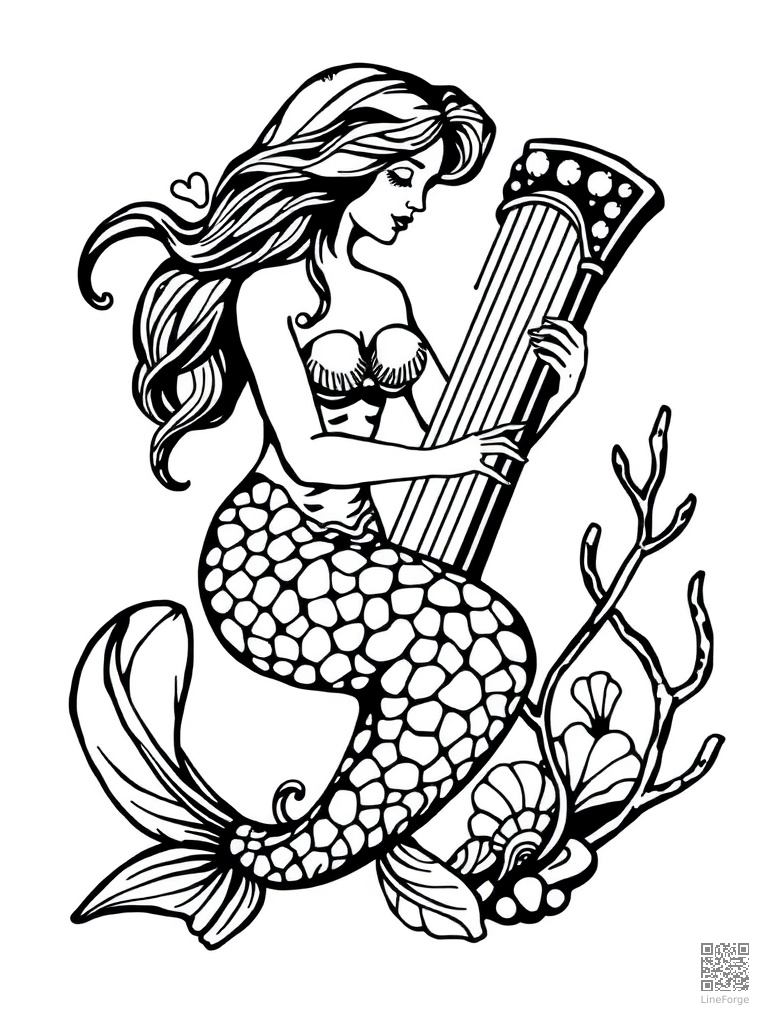 Mermaid playing a harp made of seashells coloring page Woodcut style - free printable