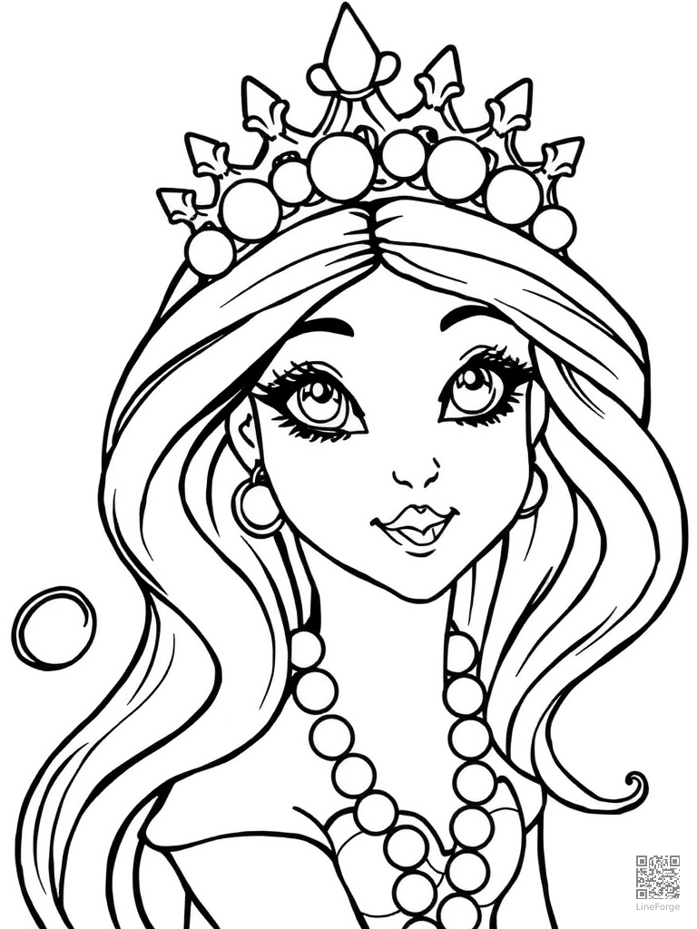 Mermaid princess wearing a crown of pearls coloring page Contour style - free printable