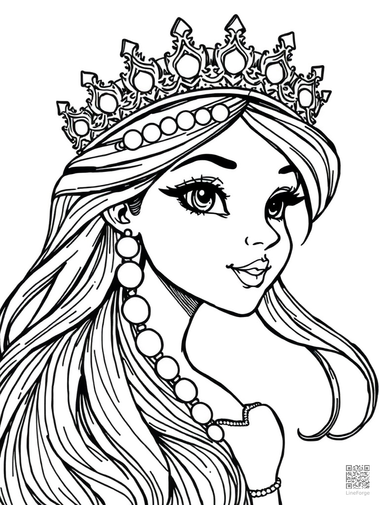 Mermaid princess wearing a crown of pearls coloring page Crosshatch style - free printable