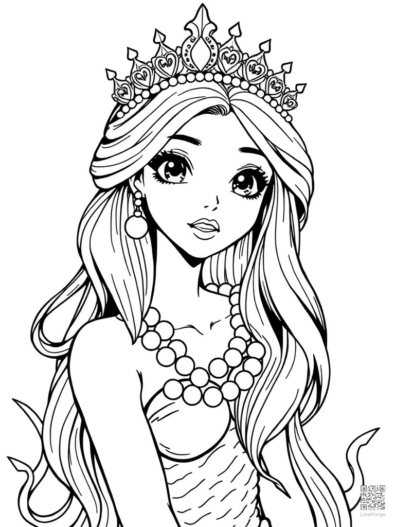 Mermaid princess wearing a crown of pearls coloring page Manga style - free printable