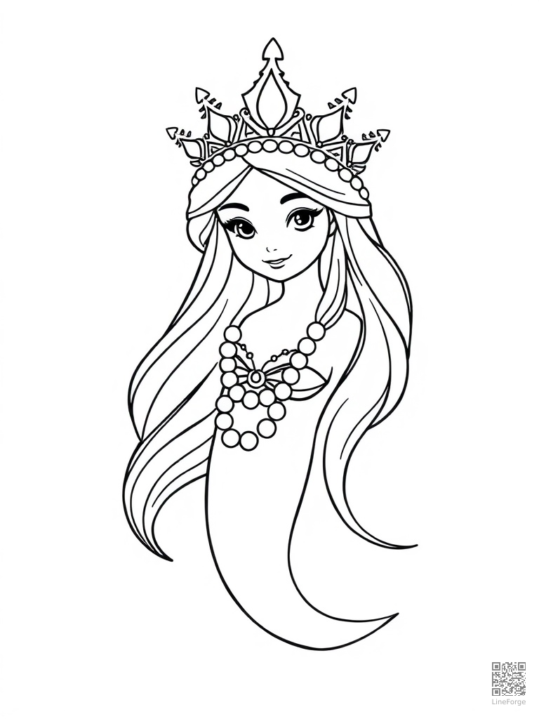 Mermaid princess wearing a crown of pearls coloring page Minimal style - free printable