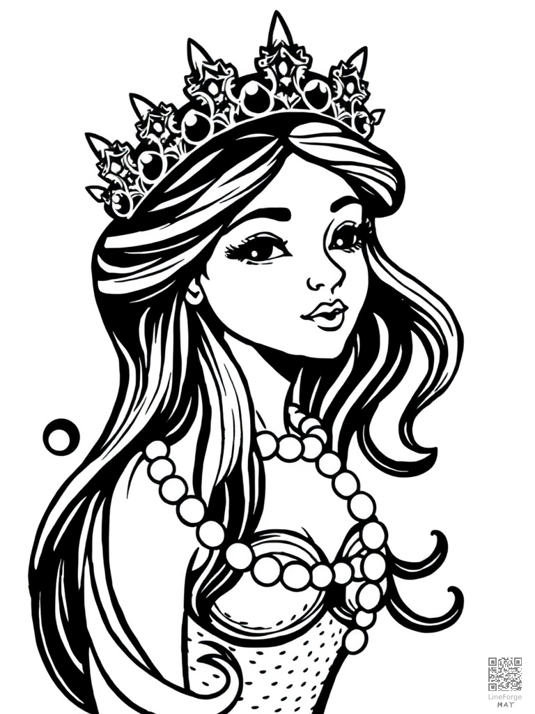 Mermaid princess wearing a crown of pearls coloring page Woodcut style - free printable