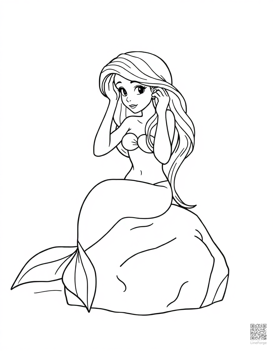 Free mermaid sitting on a rock combing her hair coloring page in contour style — printable line art