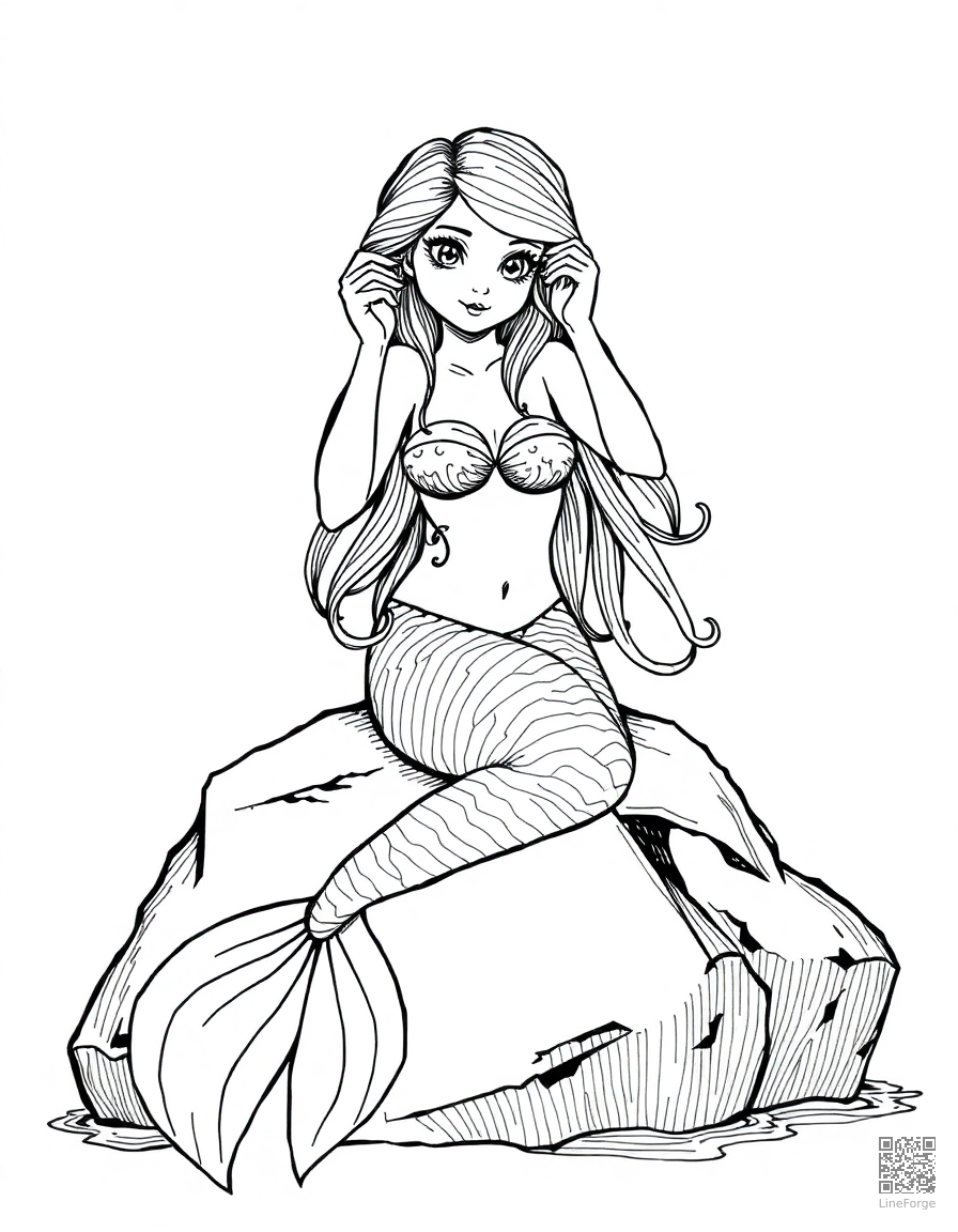Free mermaid sitting on a rock combing her hair coloring page in crosshatch style — printable line art
