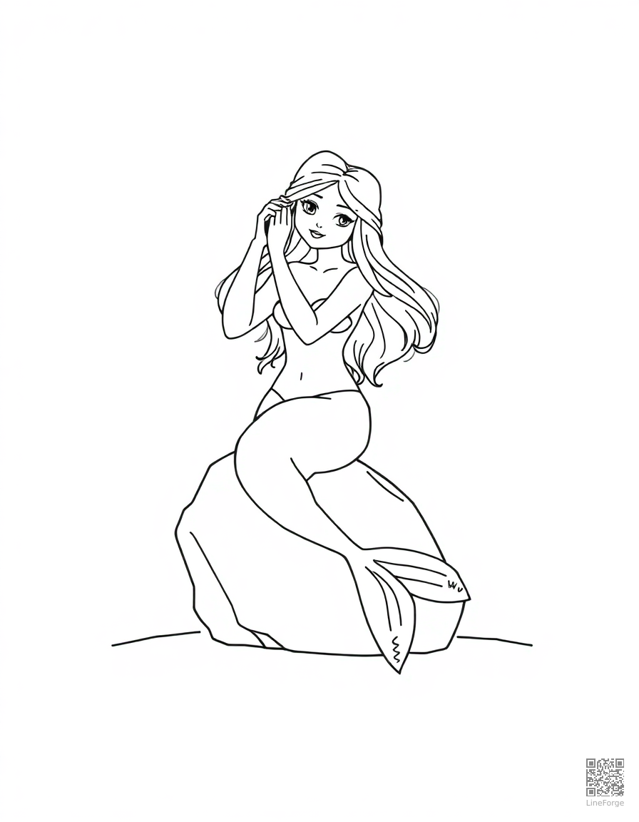 Free mermaid sitting on a rock combing her hair coloring page in minimal style — printable line art