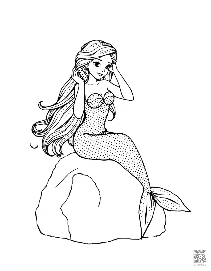 Free mermaid sitting on a rock combing her hair coloring page in stipple style — printable line art