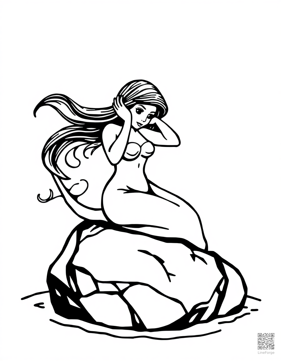 Free mermaid sitting on a rock combing her hair coloring page in woodcut style — printable line art