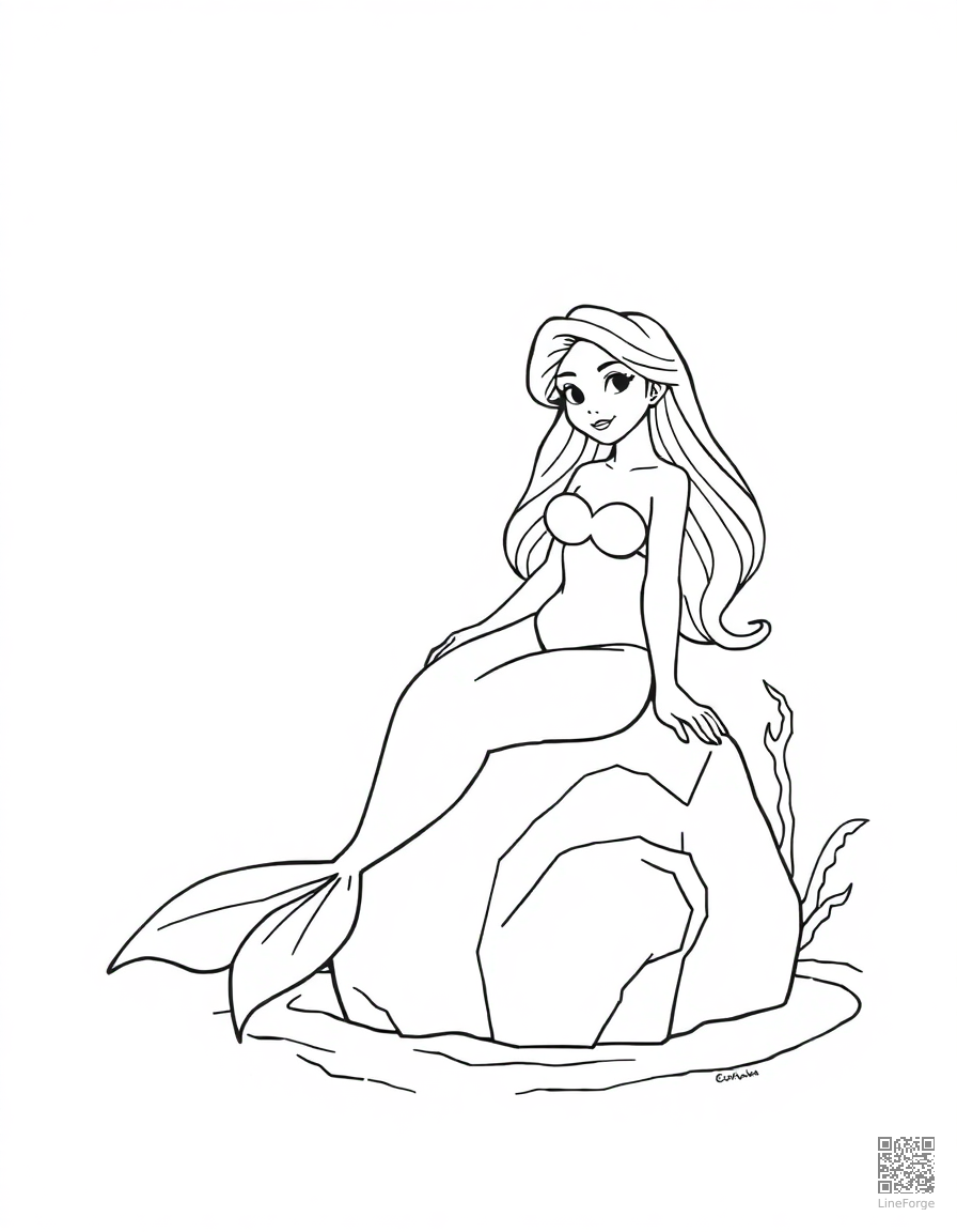 Free mermaid sitting on a rock in the ocean coloring page in contour style — printable line art