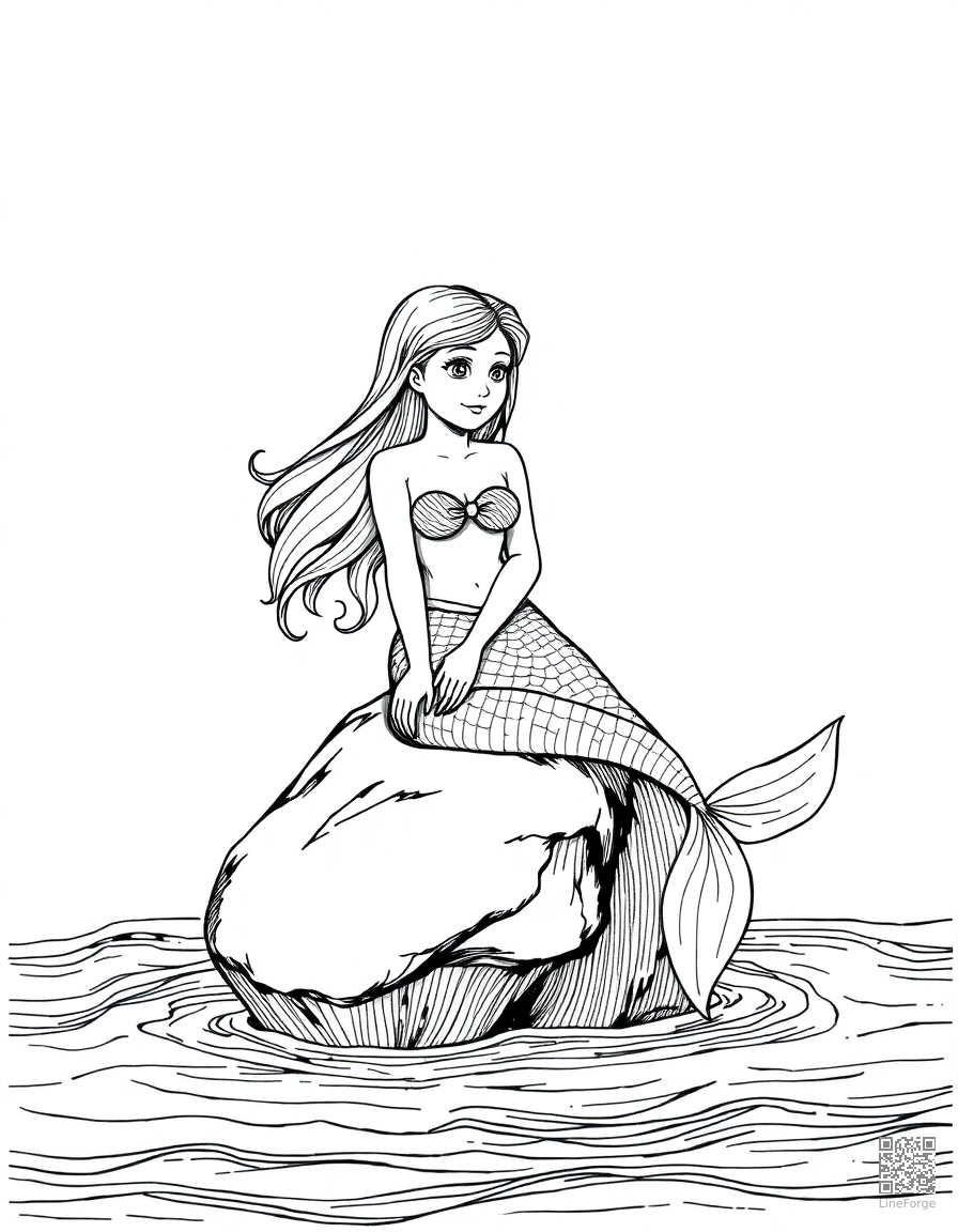 Free mermaid sitting on a rock in the ocean coloring page in crosshatch style — printable line art