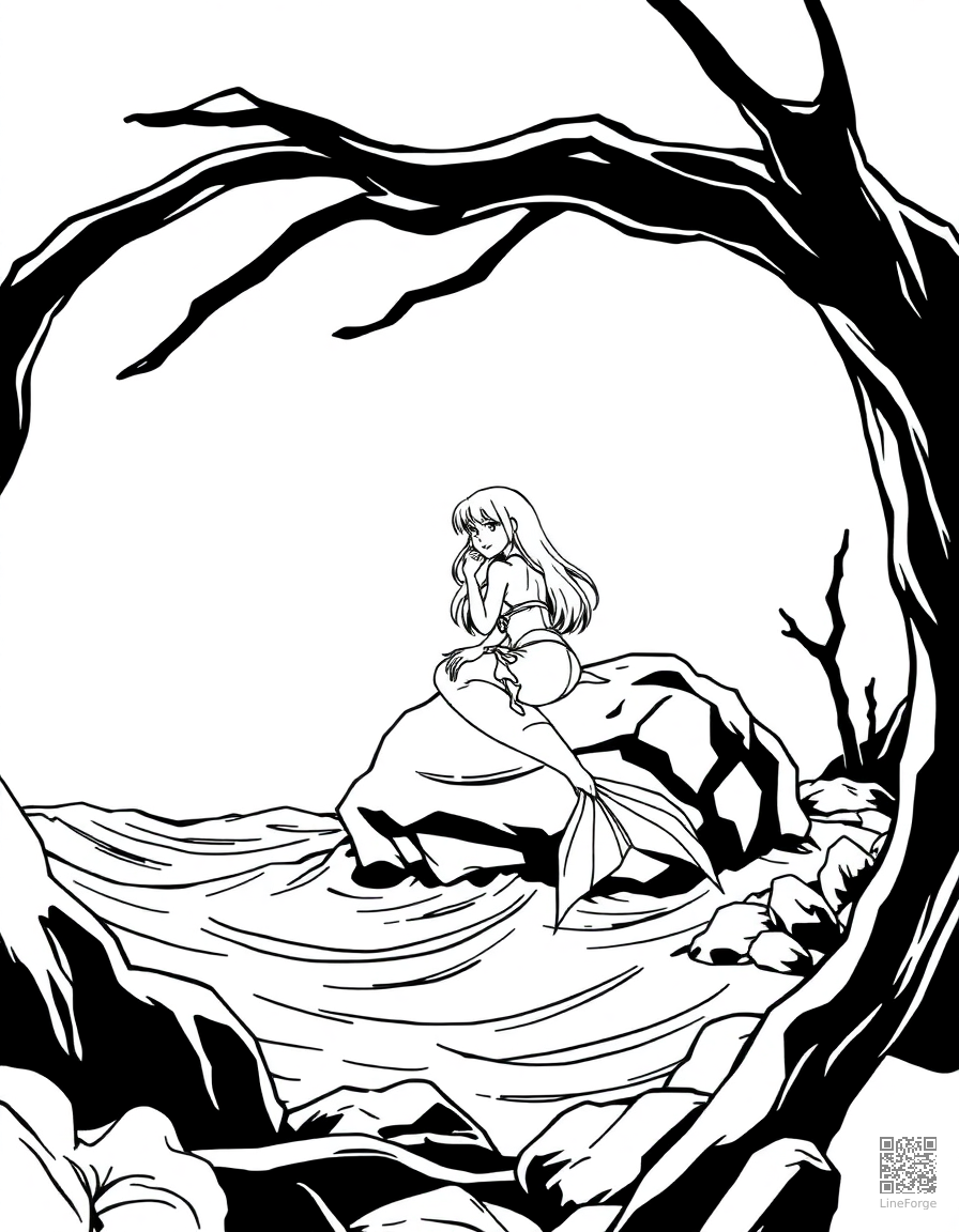 Free mermaid sitting on a rock in the ocean coloring page in manga style — printable line art