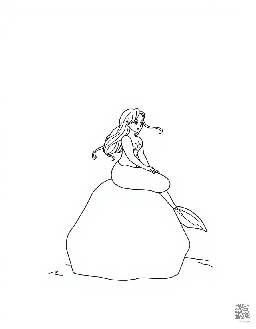 Free mermaid sitting on a rock in the ocean coloring page in minimal style — printable line art