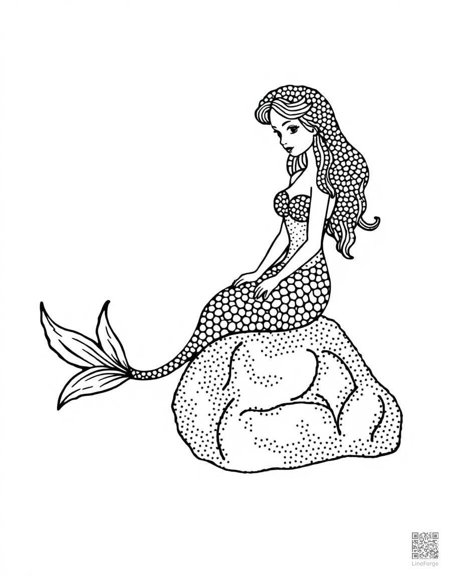 Free mermaid sitting on a rock in the ocean coloring page in stipple style — printable line art