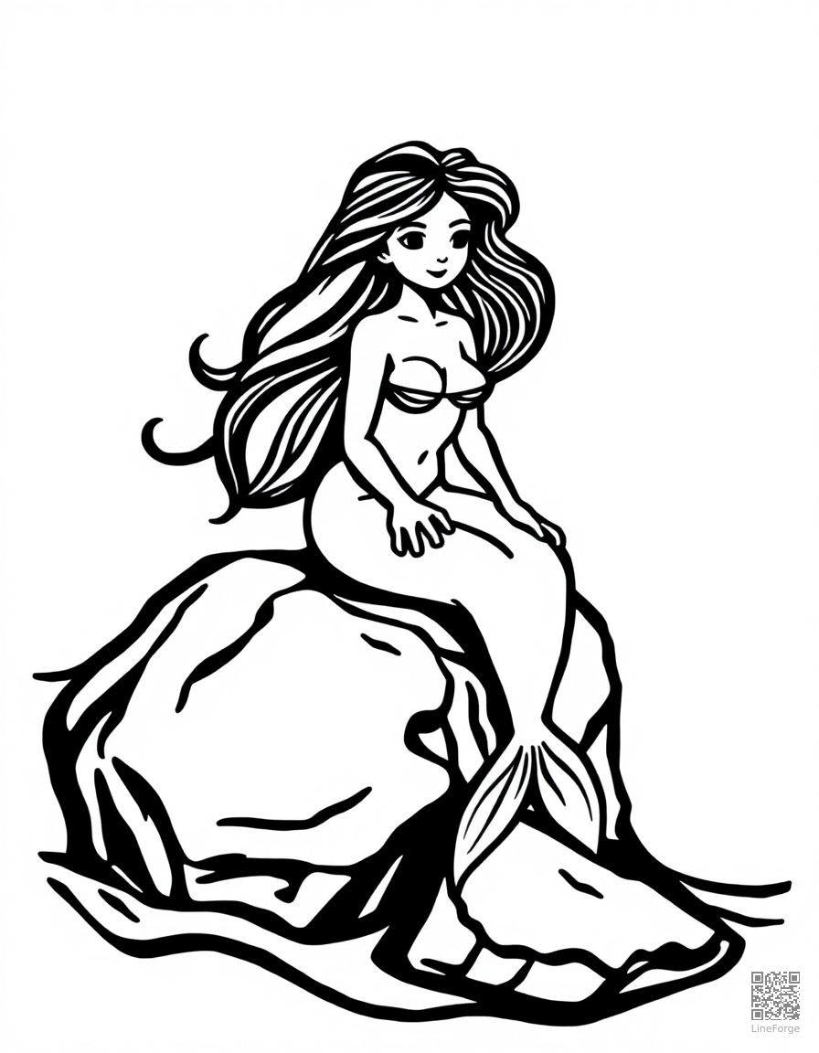 Free mermaid sitting on a rock in the ocean coloring page in woodcut style — printable line art