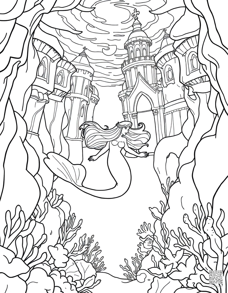 mermaid swimming through an underwater palace coloring page Contour style - free printable