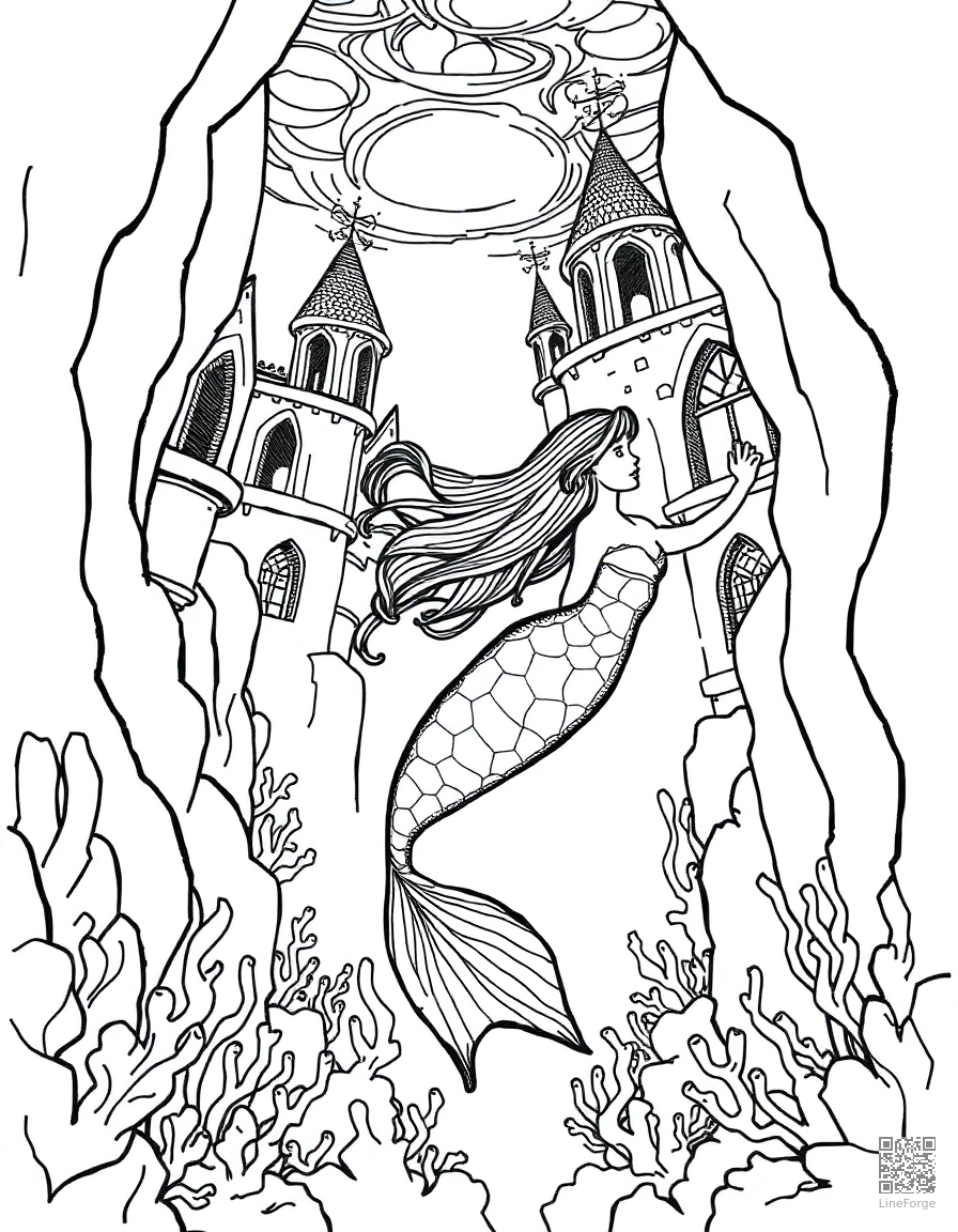 mermaid swimming through an underwater palace coloring page Crosshatch style - free printable