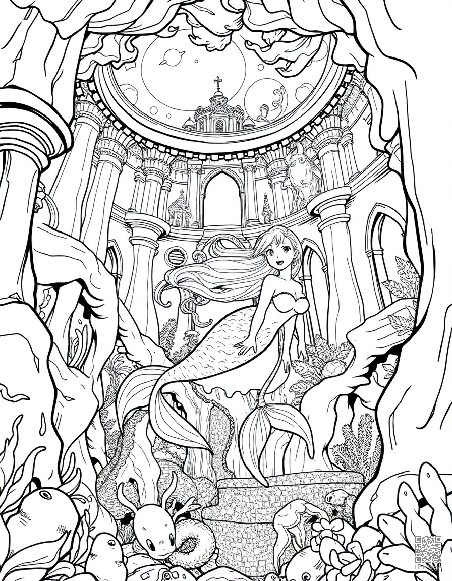 mermaid swimming through an underwater palace coloring page Manga style - free printable