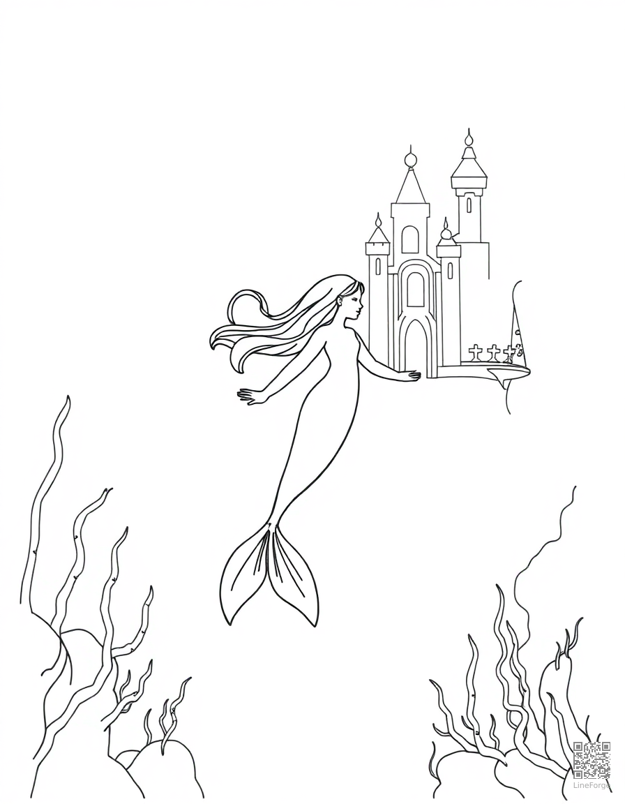 mermaid swimming through an underwater palace coloring page Minimal style - free printable