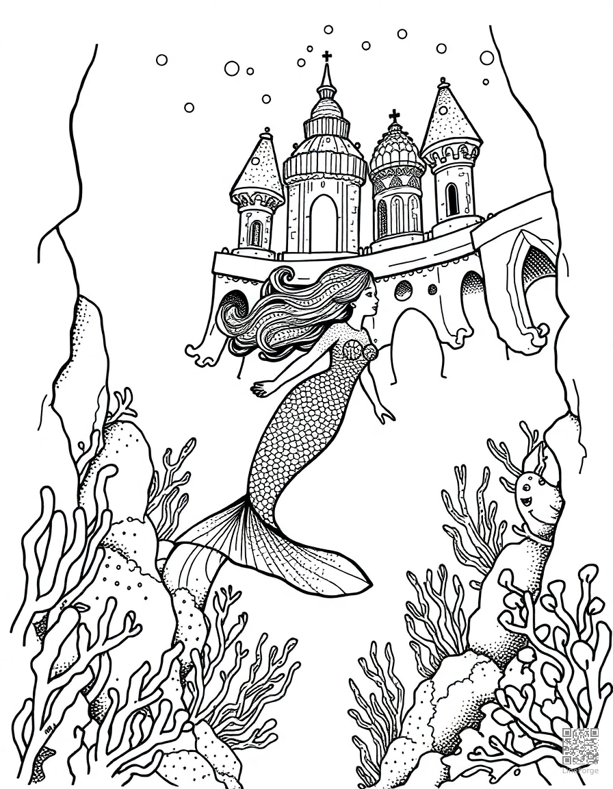 mermaid swimming through an underwater palace coloring page Stipple style - free printable