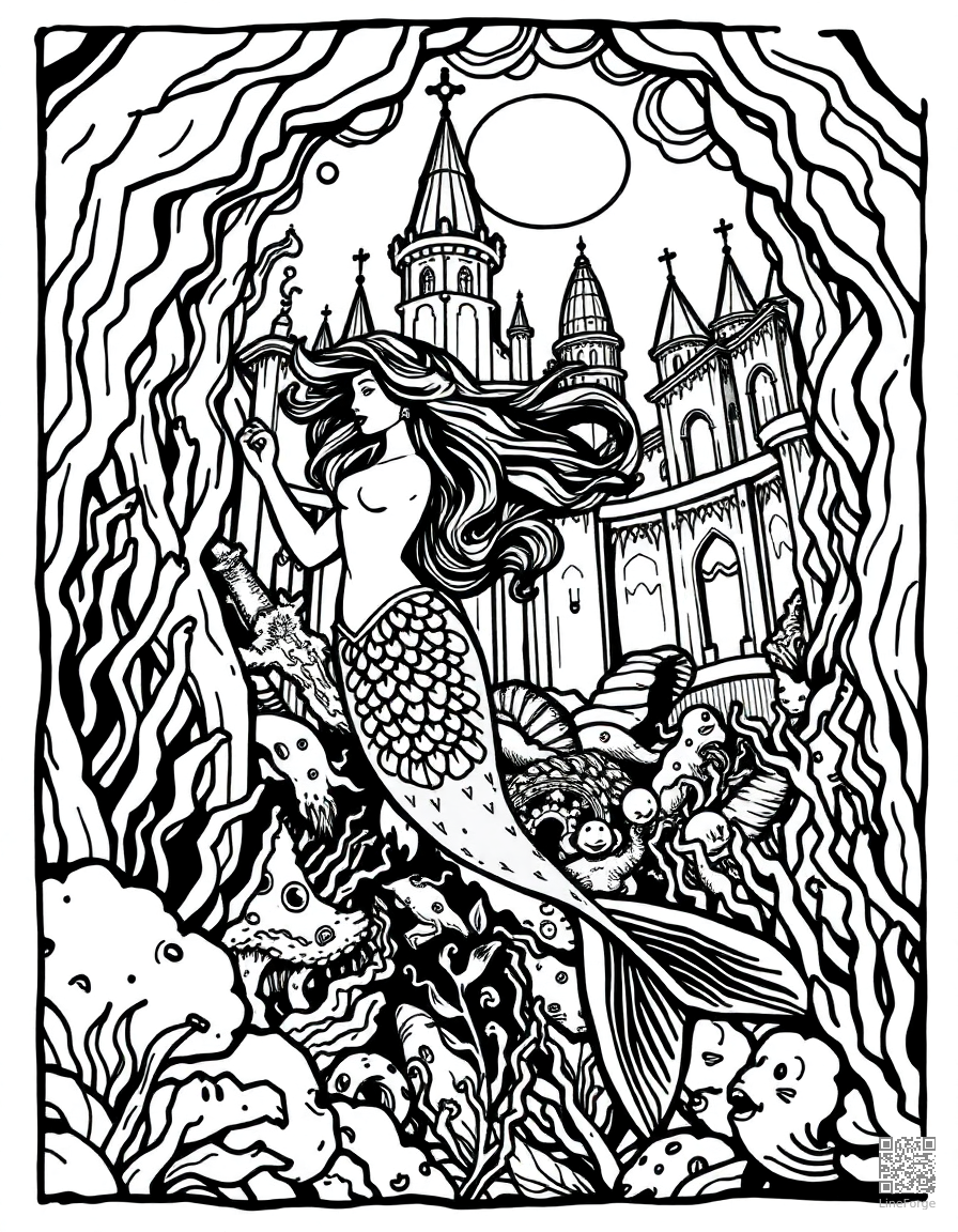 mermaid swimming through an underwater palace coloring page Woodcut style - free printable