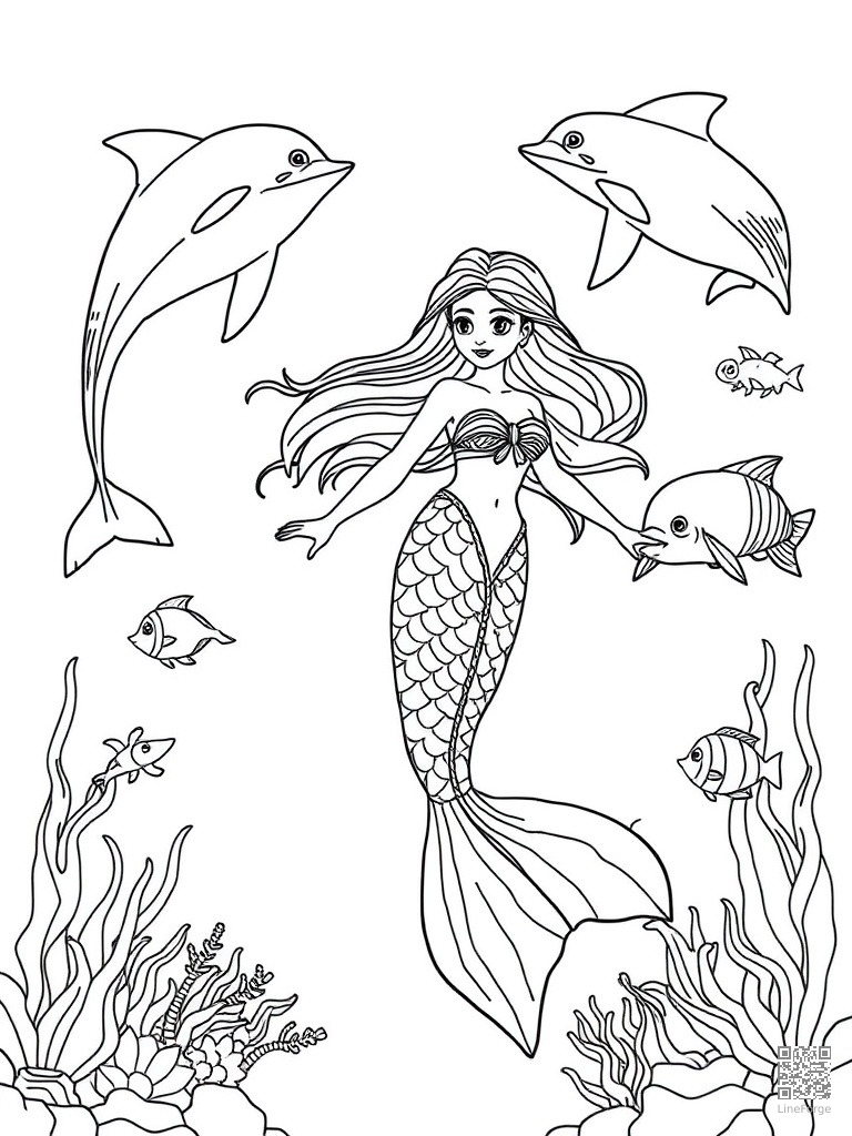 Mermaid swimming with dolphins and tropical fish coloring page Contour style - free printable