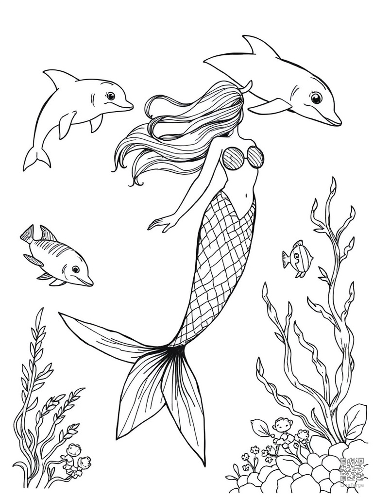 Mermaid swimming with dolphins and tropical fish coloring page Crosshatch style - free printable